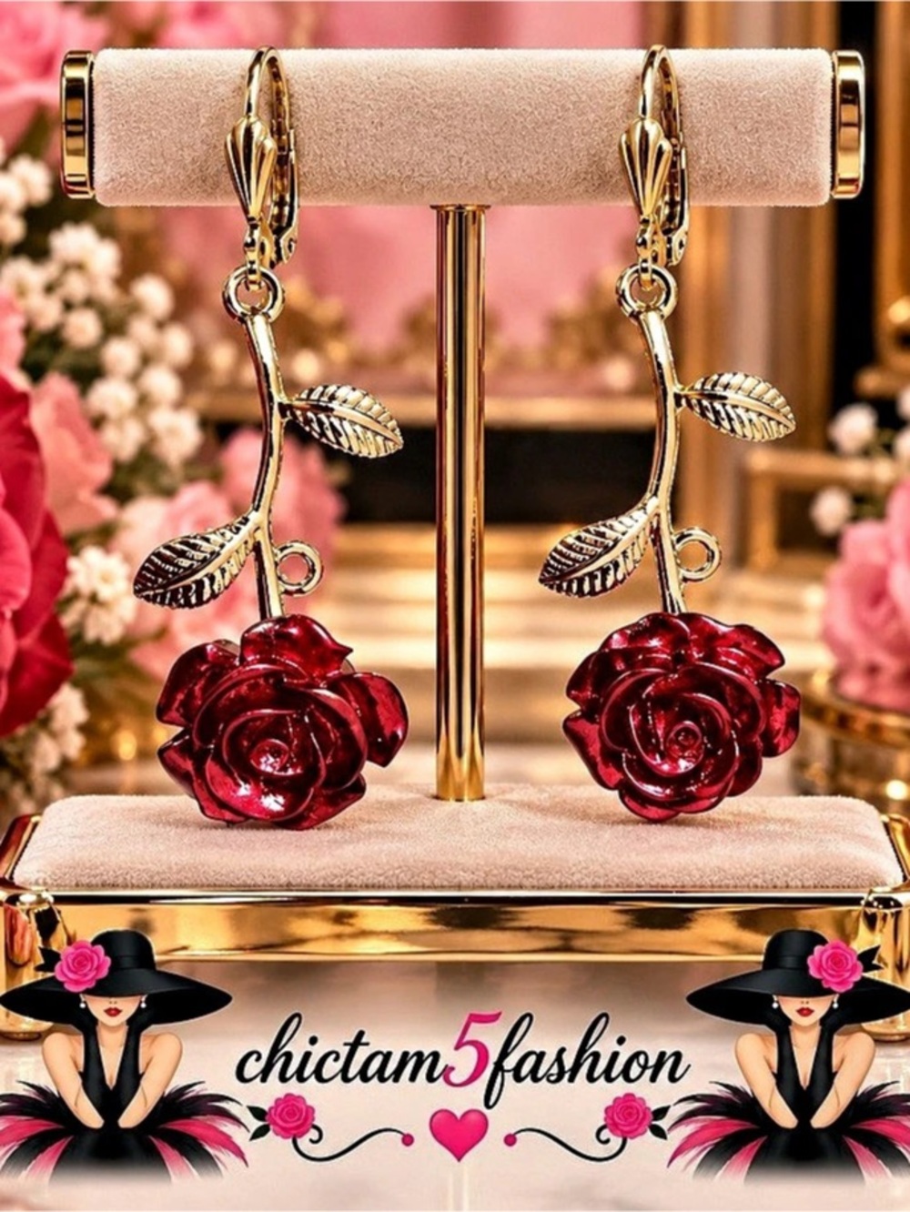 Handmade 24K Gold Plated Hooks Rose Drop Earrings